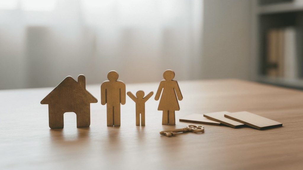 Træfigurer af et hus og en familie med et barn på et bord, med en nøgle foran