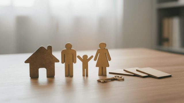 Træfigurer af et hus og en familie med et barn på et bord, med en nøgle foran